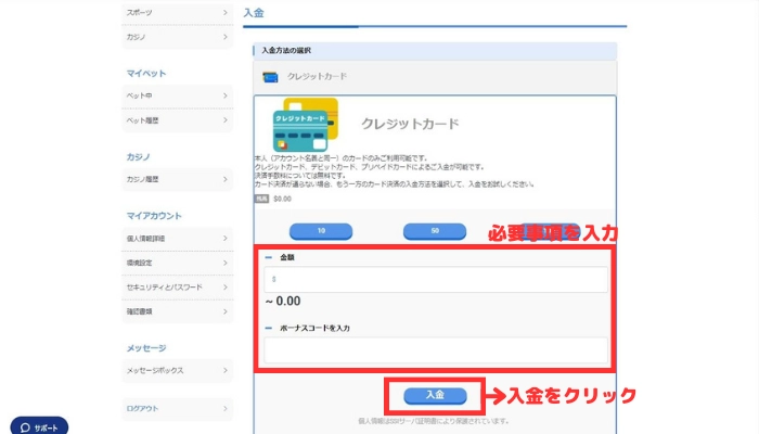 BeeBetカジノの入金画面